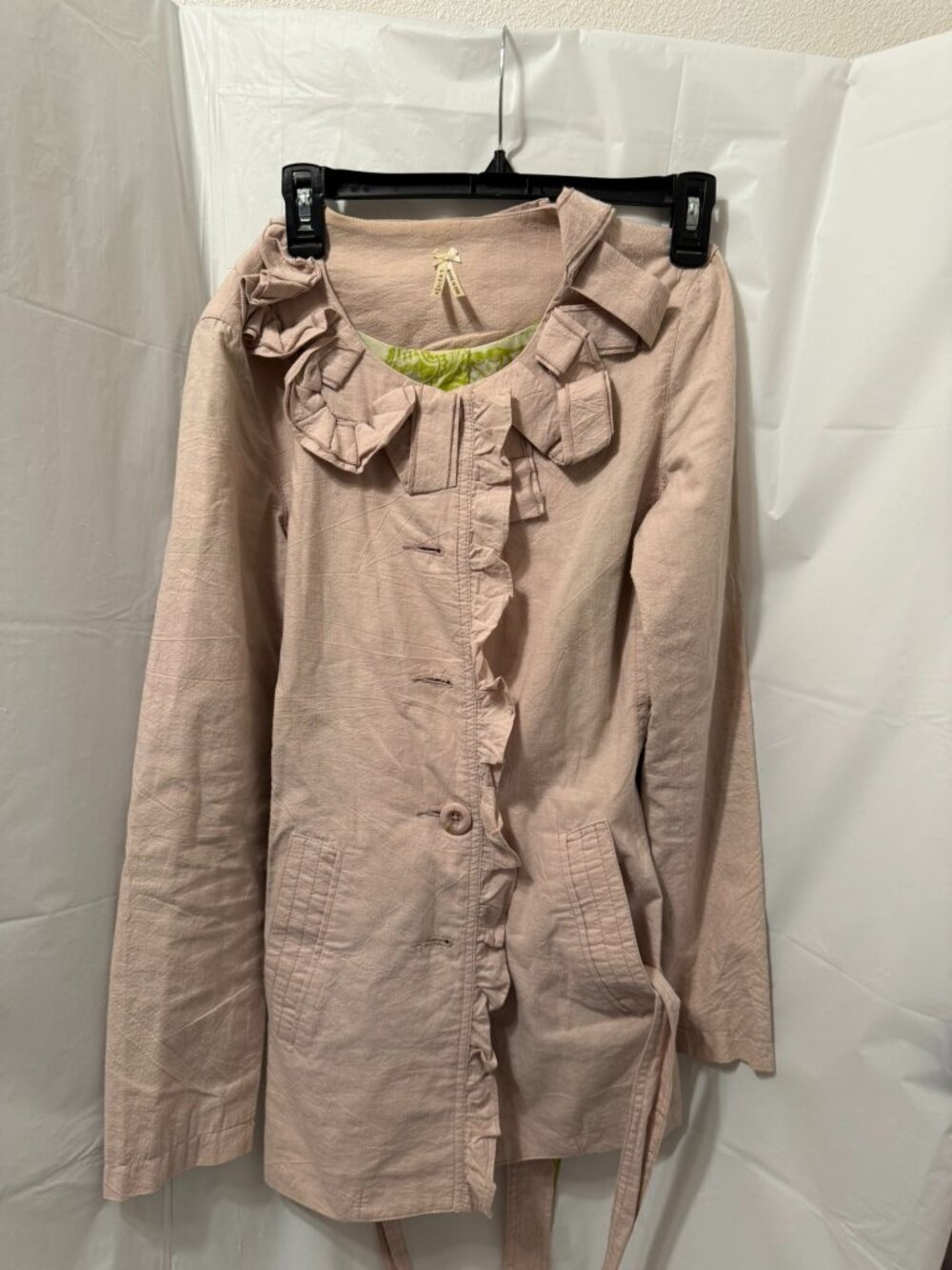 Lapis Light Pink Ruffle Collar Belted Button Up Jacket Size S